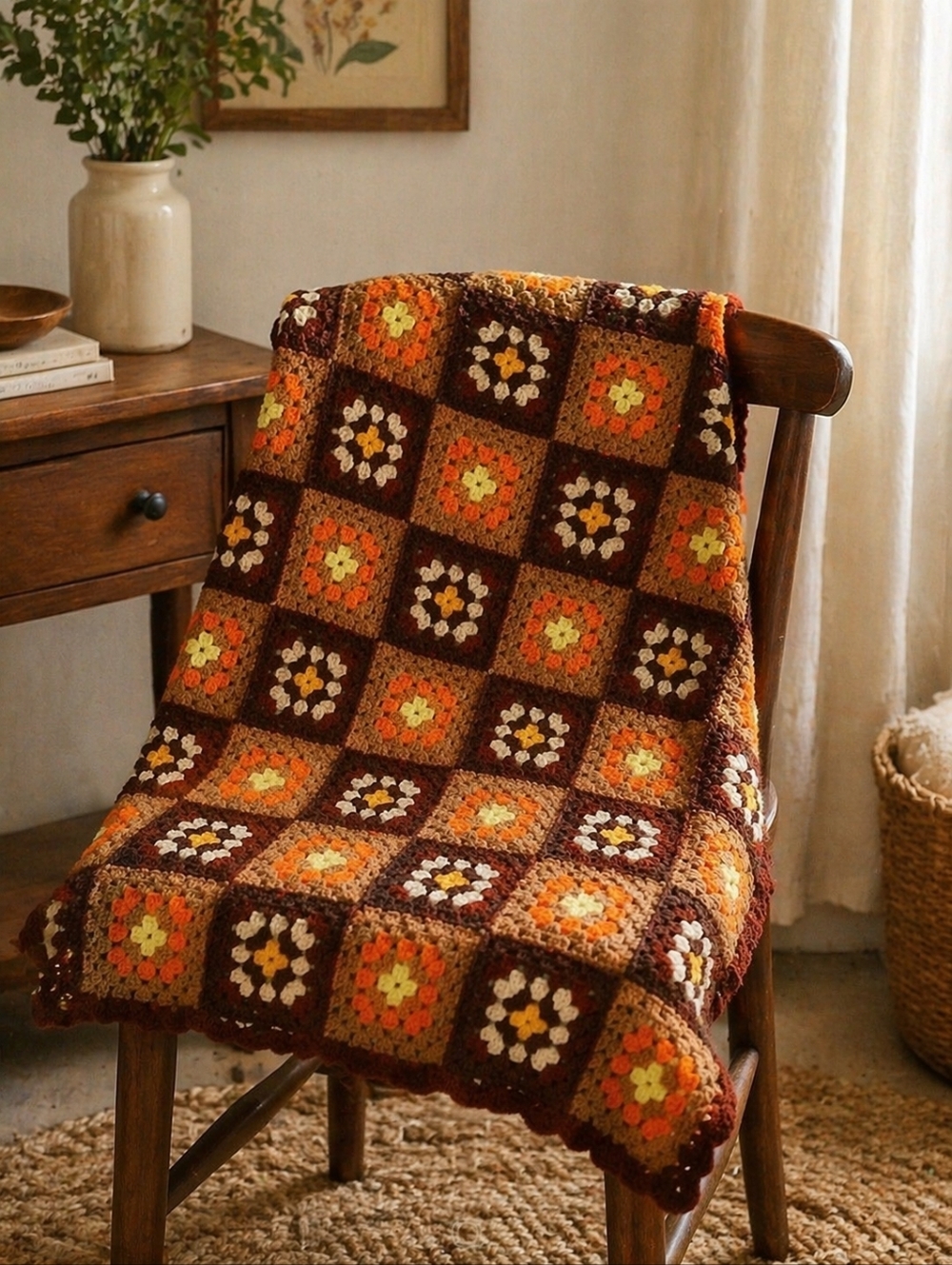 VINTAGE Crochet Afghan Blanket 31x40 Brown Orange 1970s Retro Granny Square